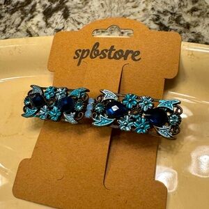 Blue Rhinestones & Enameled Floral Hair Barrette - Handmade